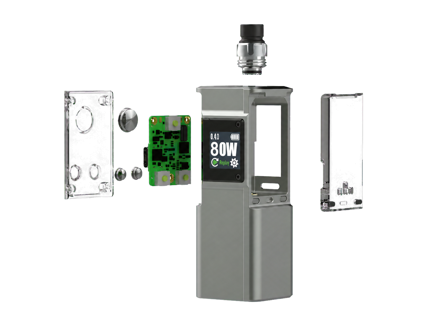 Exploded view of BOSON DNA80C components, including the chassis, display assembly, control board, side panels, and drip tip