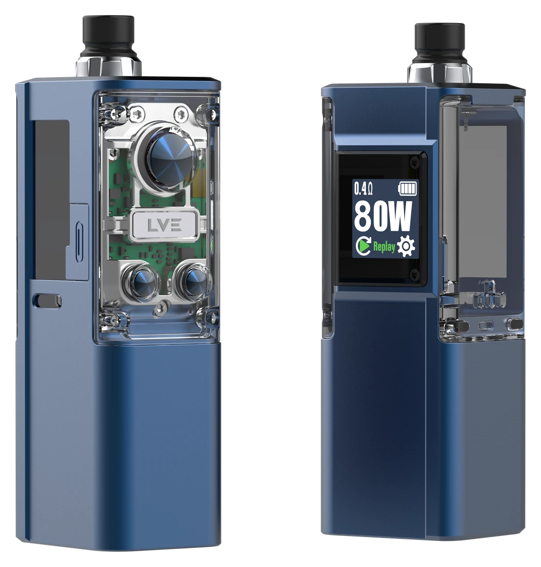 Navy Blue BOSON DNA80C device, shown from the Boro and display sides